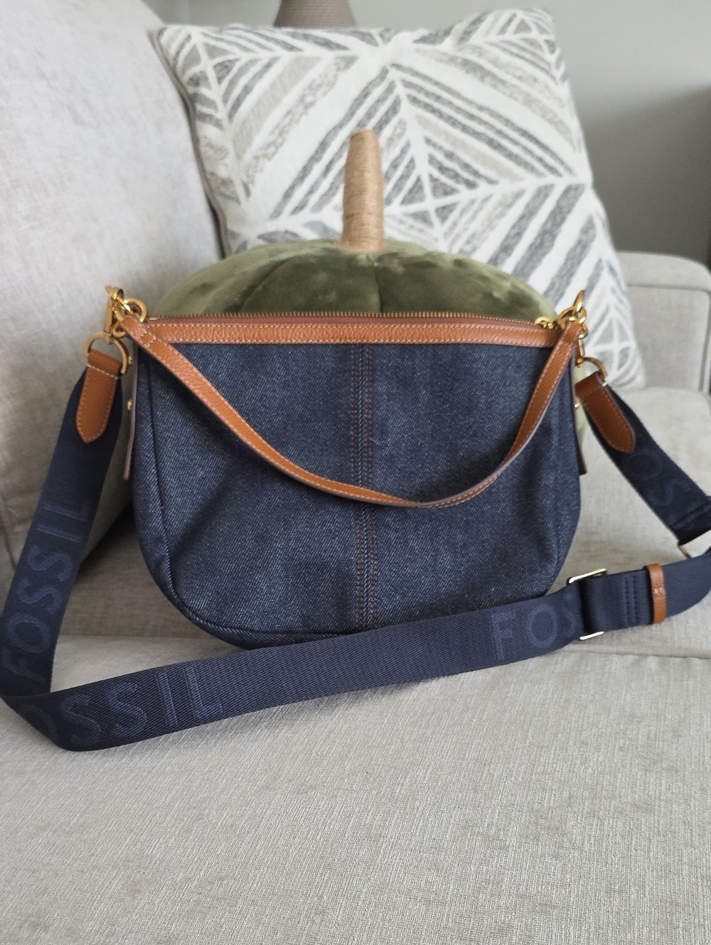 Fossil Dark Blue Denim Crossbody with Brown Leather Trim